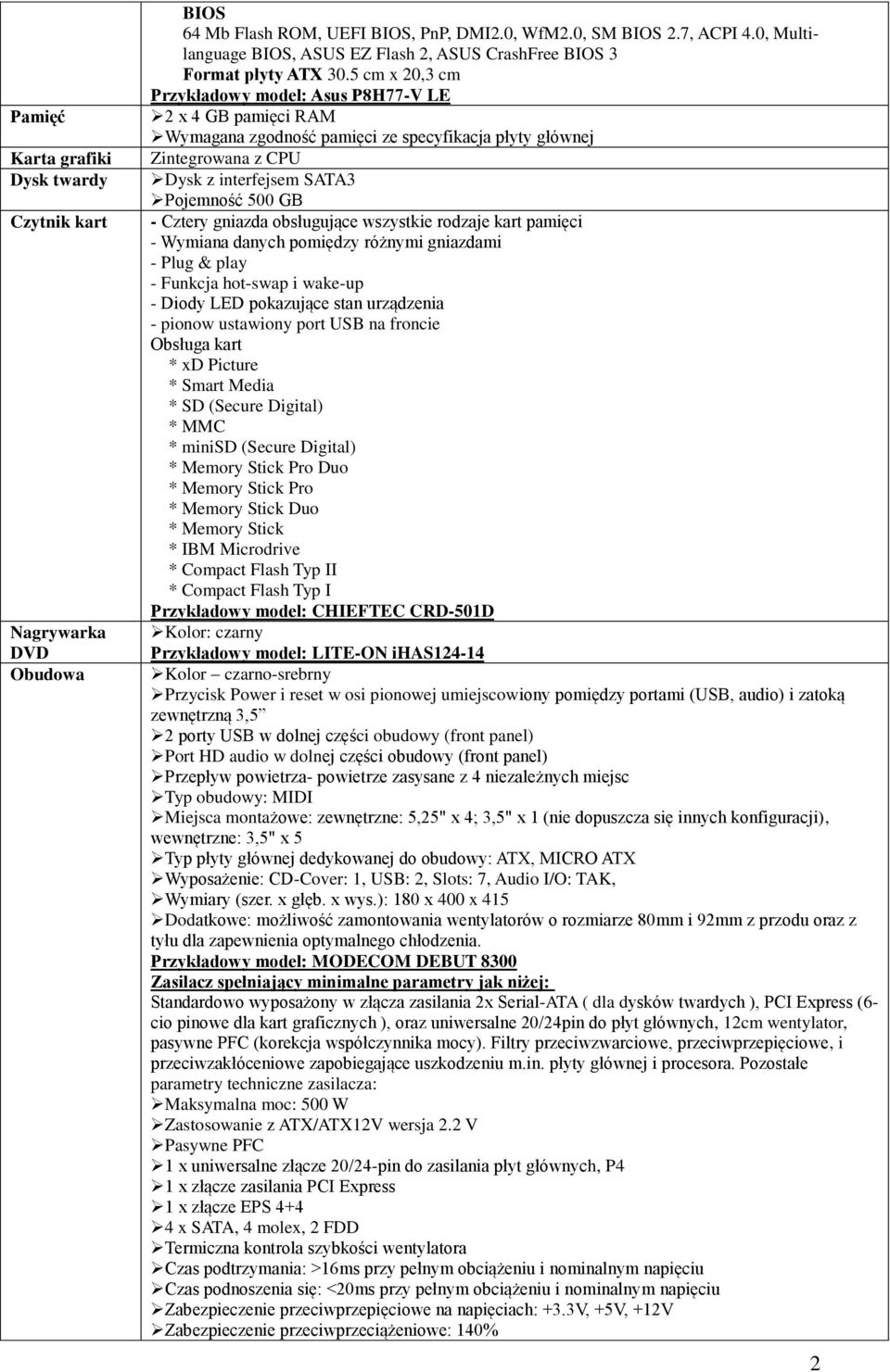 5 cm x 20,3 cm Przykładowy model: Asus P8H77-V LE 2 x 4 GB pamięci RAM Wymagana zgodność pamięci ze specyfikacja płyty głównej Zintegrowana z CPU Dysk z interfejsem SATA3 Pojemność 500 GB - Cztery