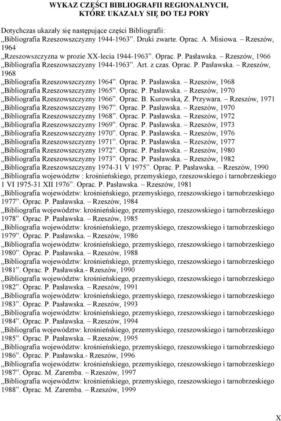 Oprac. P. Pasławska. Rzeszów, 1968 Bibliografia Rzeszowszczyzny 1965. Oprac. P. Pasławska. Rzeszów, 1970 Bibliografia Rzeszowszczyzny 1966. Oprac. B. Kurowska, Z. Przywara.