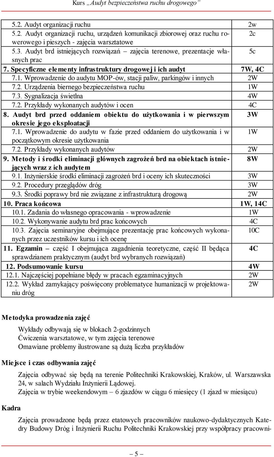 Wprowadzenie do audytu MOP-ów, stacji paliw, parkingów i innych 2W 7.2. Urządzenia biernego bezpieczeństwa ruchu 1W 7.3. Sygnalizacja świetlna 4W 7.2. Przykłady wykonanych audytów i ocen 4C 8.