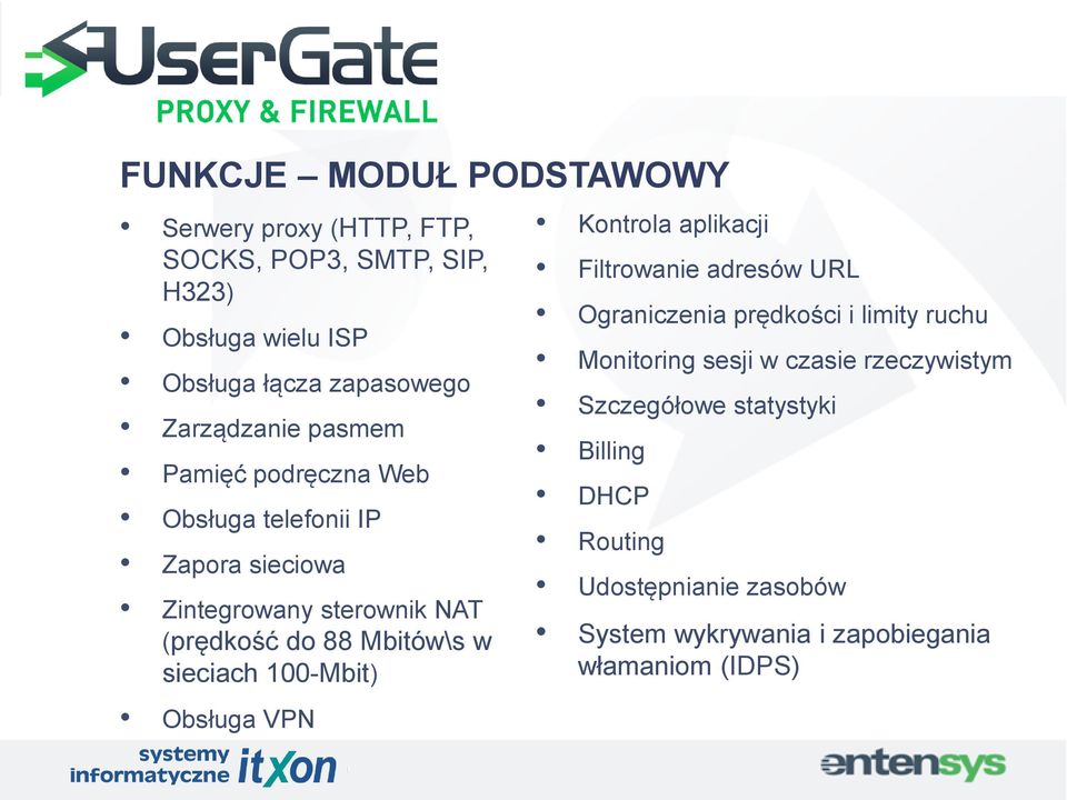 sieciach 100-Mbit) Kontrola aplikacji Filtrowanie adresów URL Ograniczenia prędkości i limity ruchu Monitoring sesji w czasie