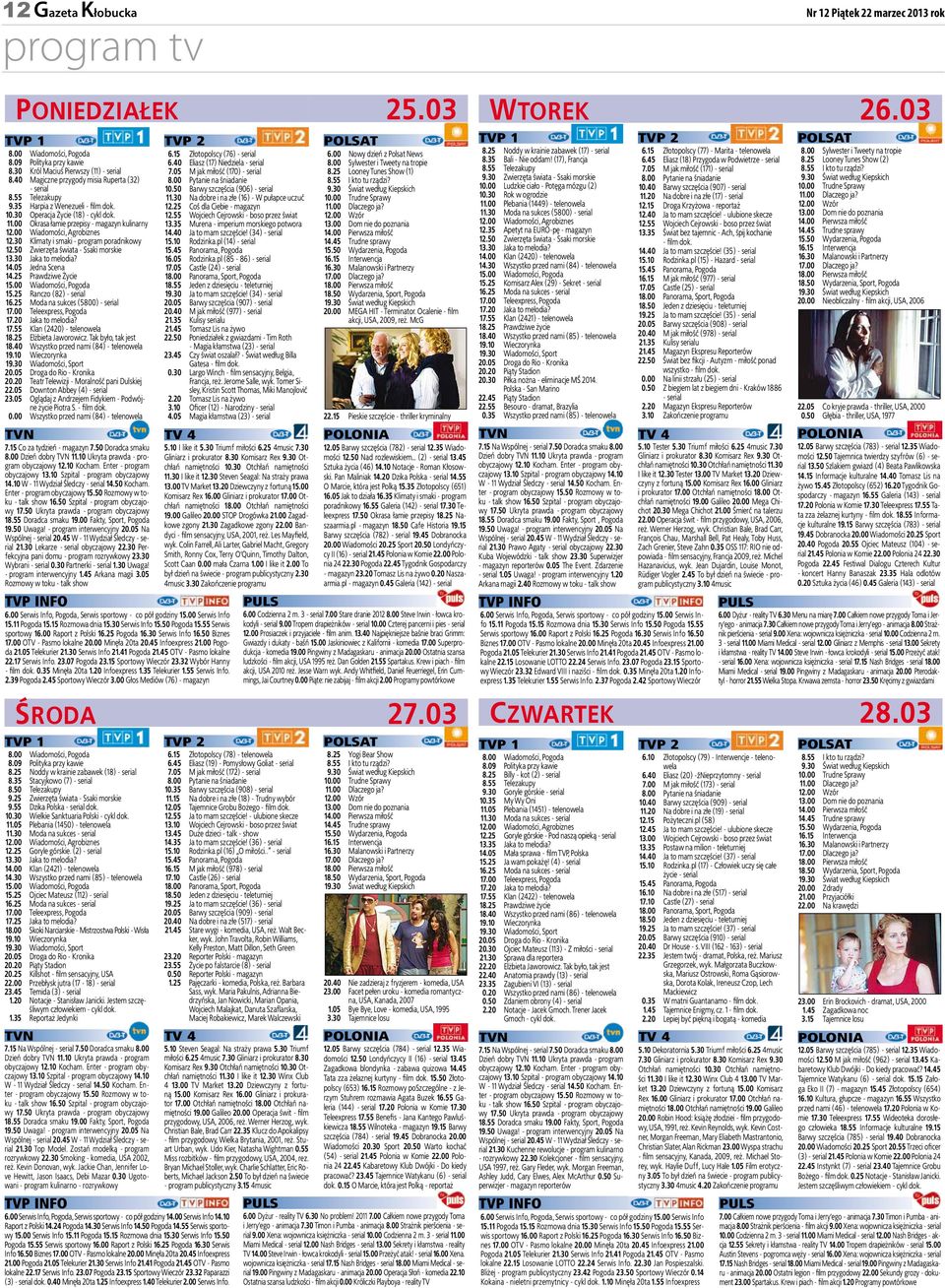 00 Wiadomości, Agrobiznes 12.30 Klimaty i smaki - program poradnikowy 12.50 Zwierzęta świata - Ssaki morskie 13.30 Jaka to melodia? 14.05 Jedna Scena 14.25 Prawdziwe Życie 15.00 Wiadomości, Pogoda 15.