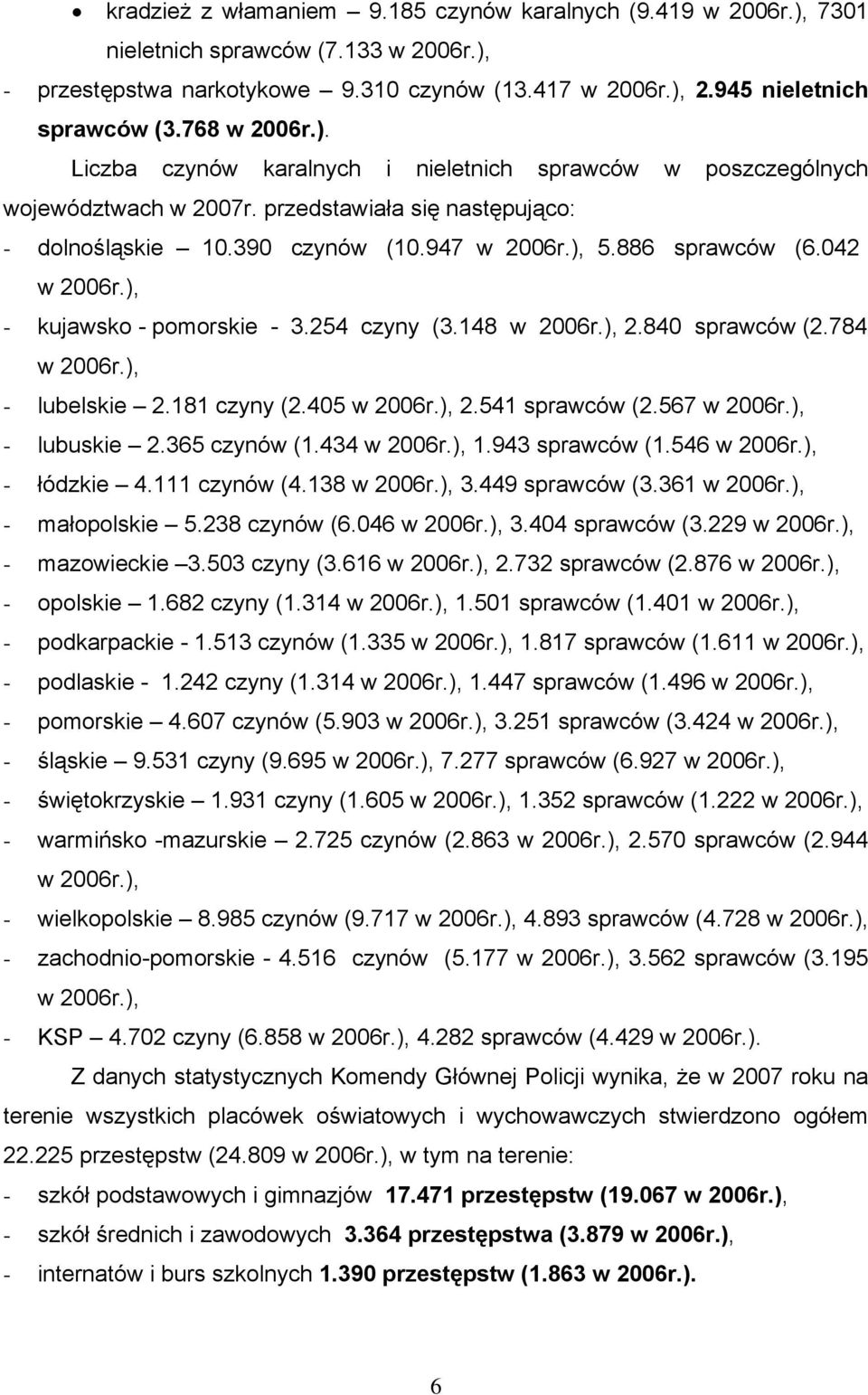 042 w 2006r.), - kujawsko - pomorskie - 3.254 czyny (3.148 w 2006r.), 2.840 sprawców (2.784 w 2006r.), - lubelskie 2.181 czyny (2.405 w 2006r.), 2.541 sprawców (2.567 w 2006r.), - lubuskie 2.