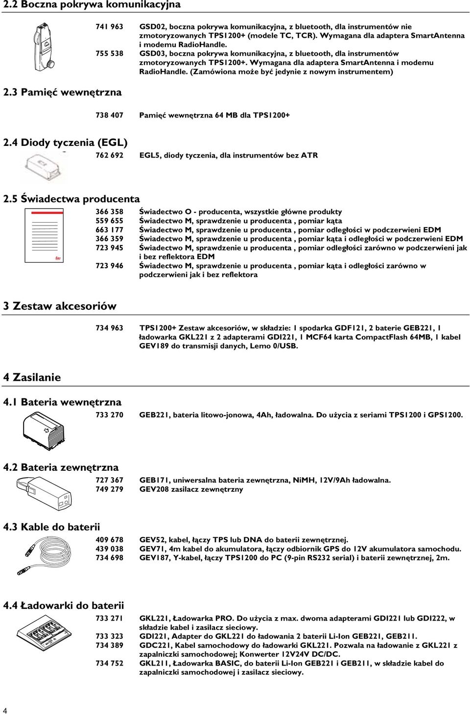 Wymagana dla adaptera SmartAntenna i modemu RadioHandle. (Zamówiona mo e by jedynie z nowym instrumentem) 738 407 Pami wewn trzna 64 MB dla TPS1200+ 2.