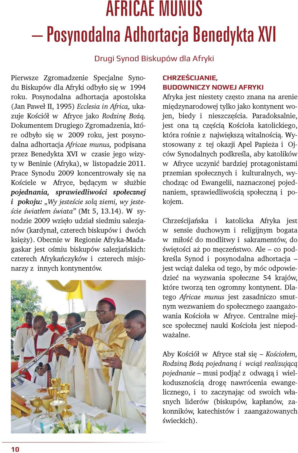 Dokumentem Drugiego Zgromadzenia, które odbyło się w 2009 roku, jest posynodalna adhortacja Africae munus, podpisana przez Benedykta XVI w czasie jego wizyty w Beninie (Afryka), w listopadzie 2011.