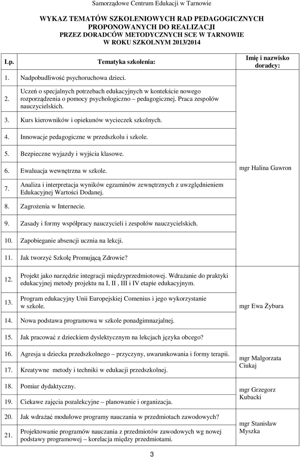 Kurs kierowników i opiekunów wycieczek szkolnych. 4. Innowacje pedagogiczne w przedszkolu i szkole. 5. Bezpieczne wyjazdy i wyj cia klasowe. 6. Ewaluacja wewn trzna w szkole. mgr Halina Gawron 7.