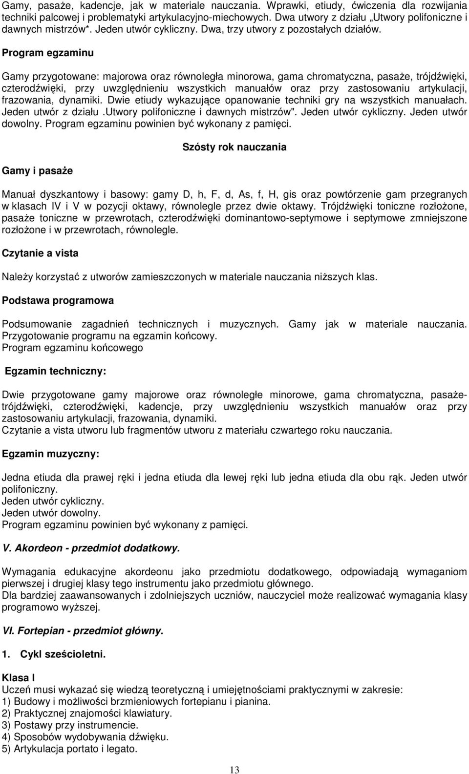 Program egzaminu Gamy przygotowane: majorowa oraz równoległa minorowa, gama chromatyczna, pasaże, trójdźwięki, czterodźwięki, przy uwzględnieniu wszystkich manuałów oraz przy zastosowaniu