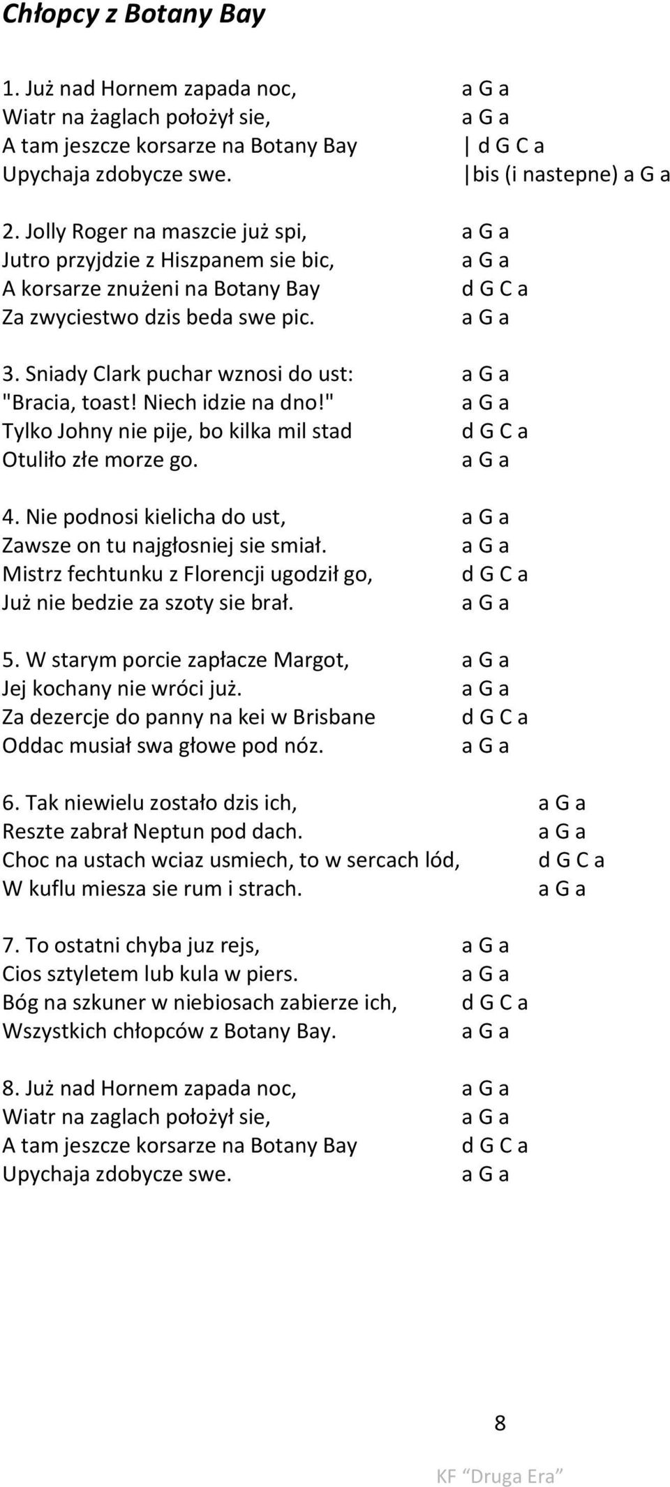 Sniady Clark puchar wznosi do ust: a G a "Bracia, toast! Niech idzie na dno!" a G a Tylko Johny nie pije, bo kilka mil stad d G C a Otuliło złe morze go. a G a 4.