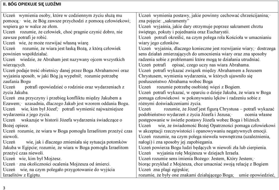 Uczeń rozumie, że wiara jest łaską Bożą, z którą człowiek powinien współdziałać. Uczeń wiedzie, że Abraham jest nazywany ojcem wszystkich wierzących.