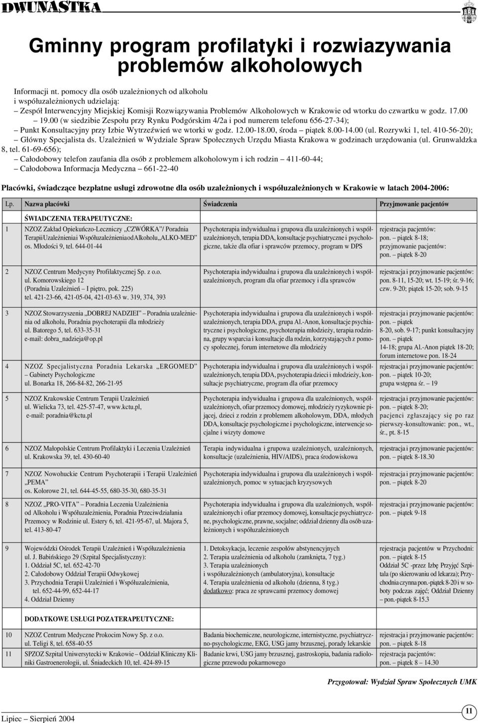 00 (w siedzibie Zespołu przy Rynku Podgórskim 4/2a i pod numerem telefonu 656-27-34); Punkt Konsultacyjny przy Izbie Wytrzeźwień we wtorki w godz. 12.00-18.00, środa piątek 8.00-14.00 (ul.