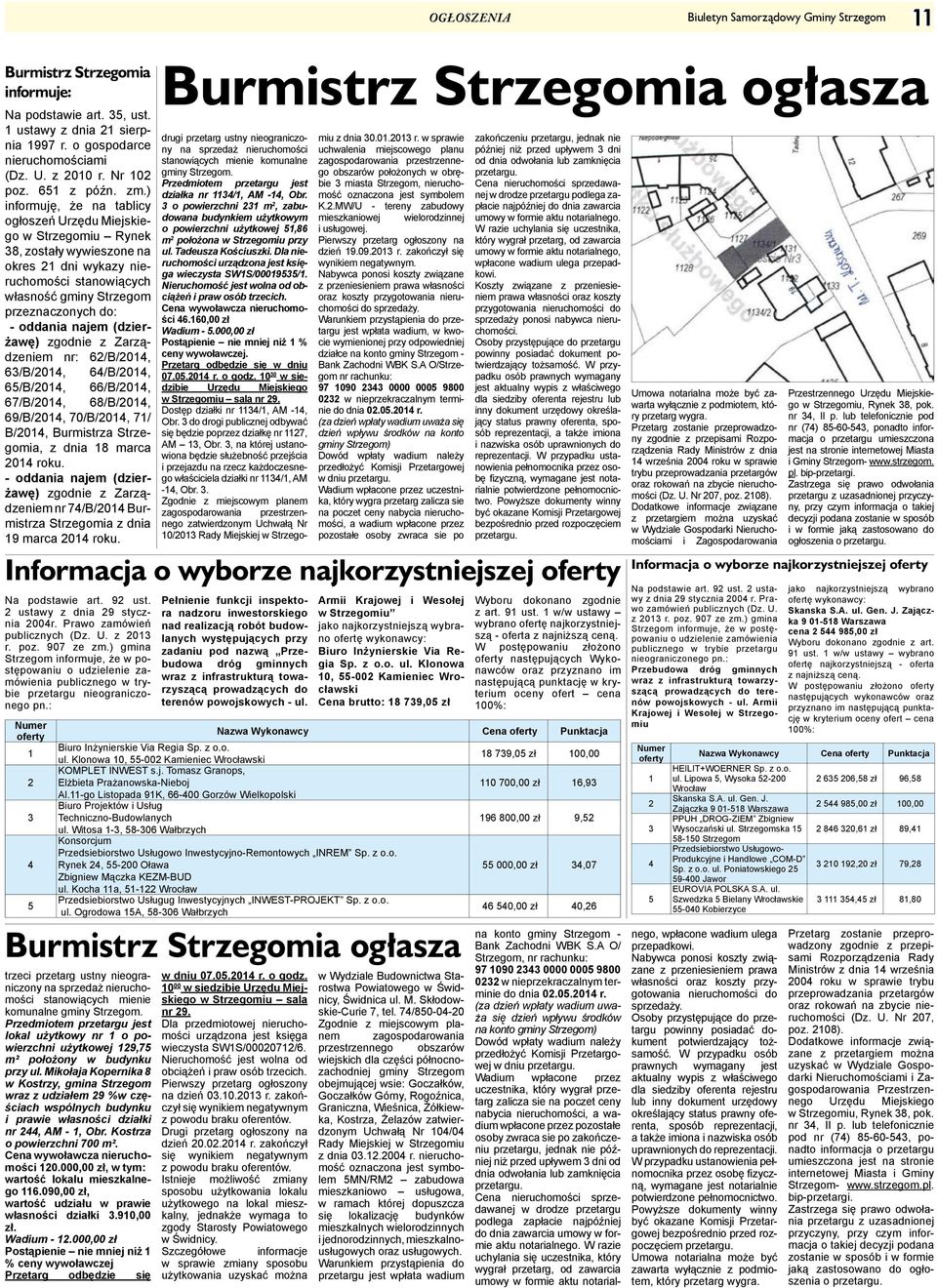 ) informuję, że na tablicy ogłoszeń Urzędu Miejskiego w Strzegomiu Rynek 38, zostały wywieszone na okres 21 dni wykazy nieruchomości stanowiących własność gminy Strzegom przeznaczonych do: - oddania