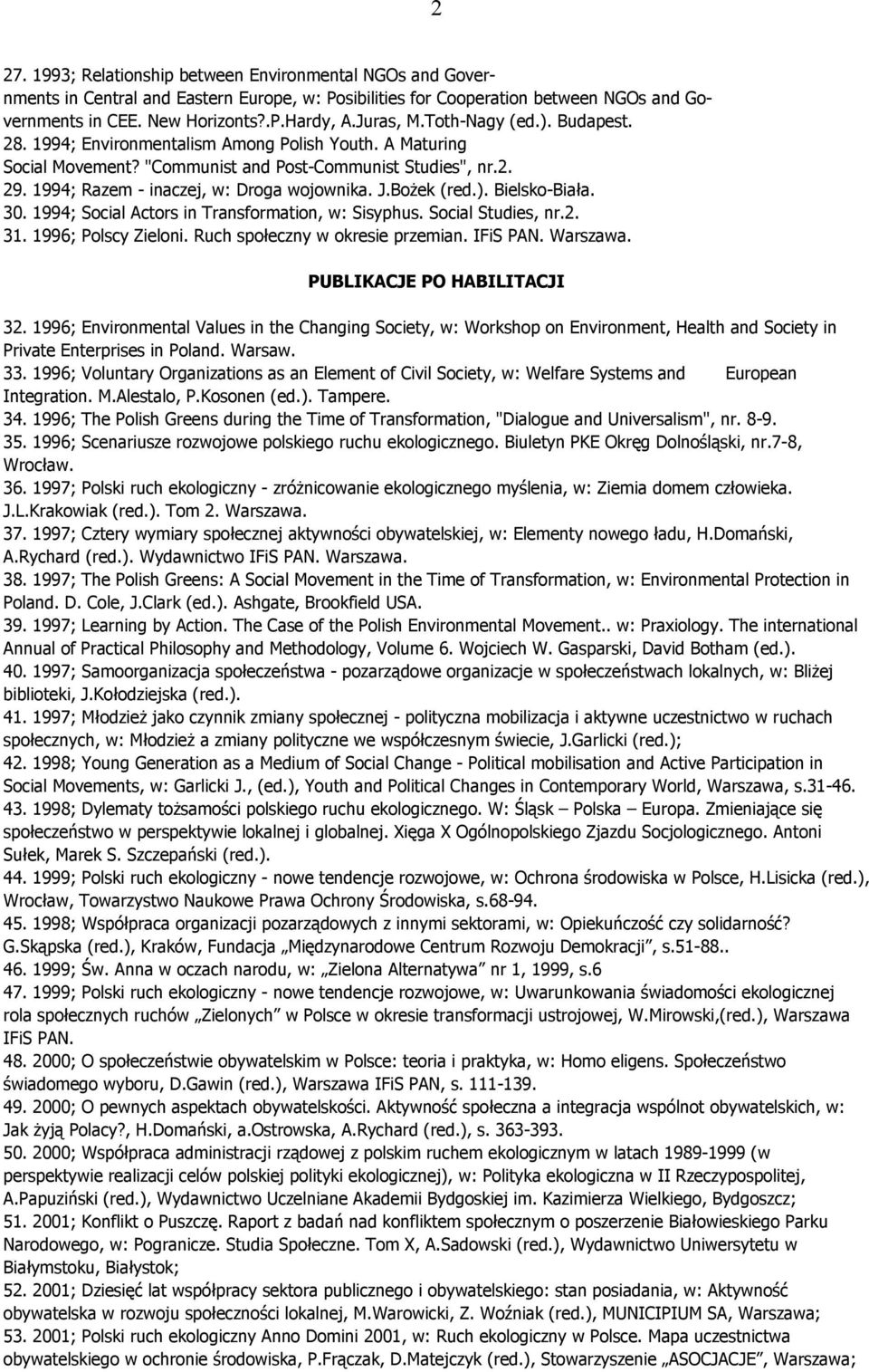 1994; Razem - inaczej, w: Droga wojownika. J.Bożek (red.). Bielsko-Biała. 30. 1994; Social Actors in Transformation, w: Sisyphus. Social Studies, nr.2. 31. 1996; Polscy Zieloni.