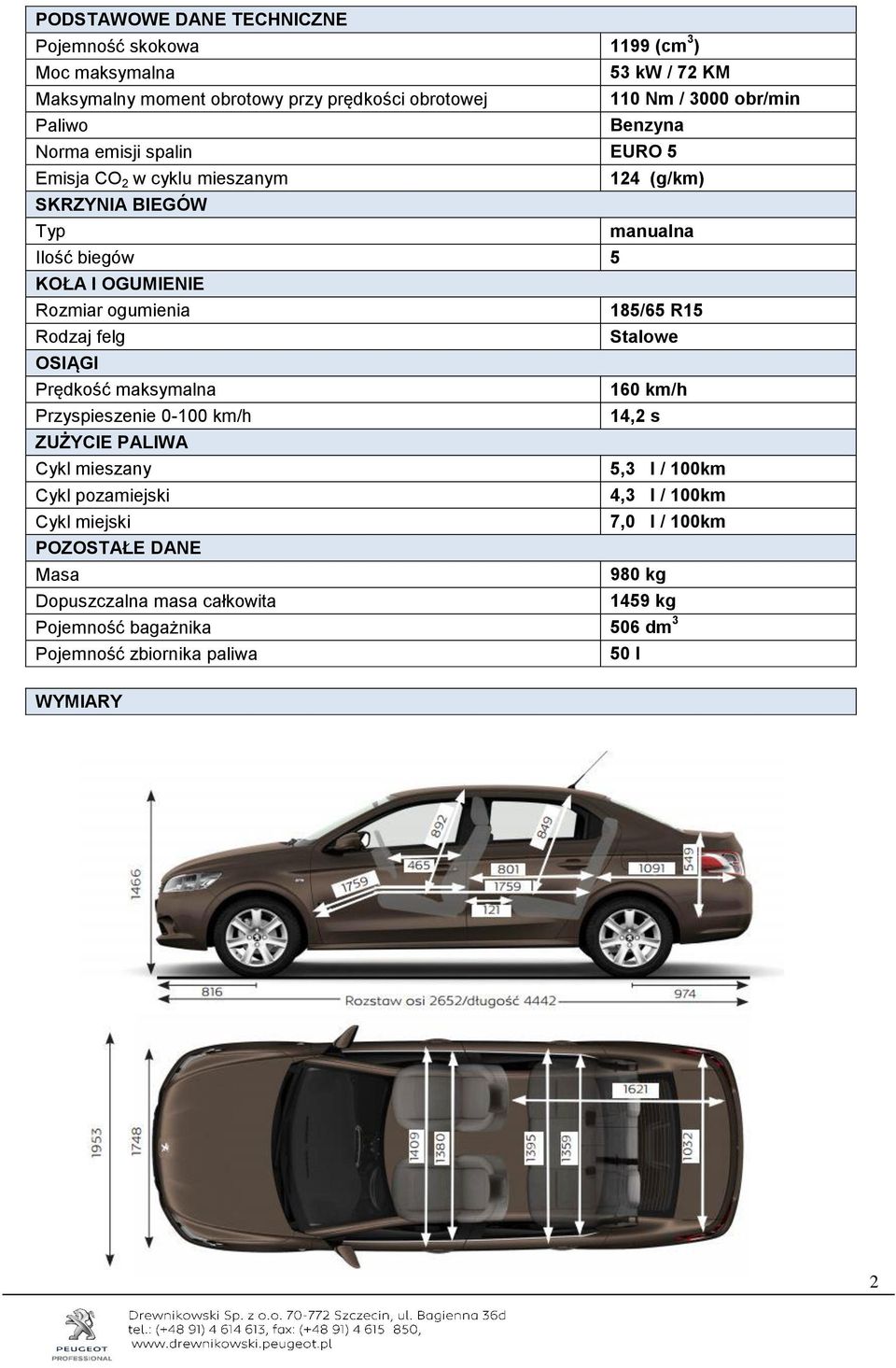 185/65 R15 Rodzaj felg Stalowe OSIĄGI Prędkość maksymalna 160 km/h Przyspieszenie 0-100 km/h 14,2 s ZUŻYCIE PALIWA Cykl mieszany 5,3 l / 100km Cykl pozamiejski 4,3