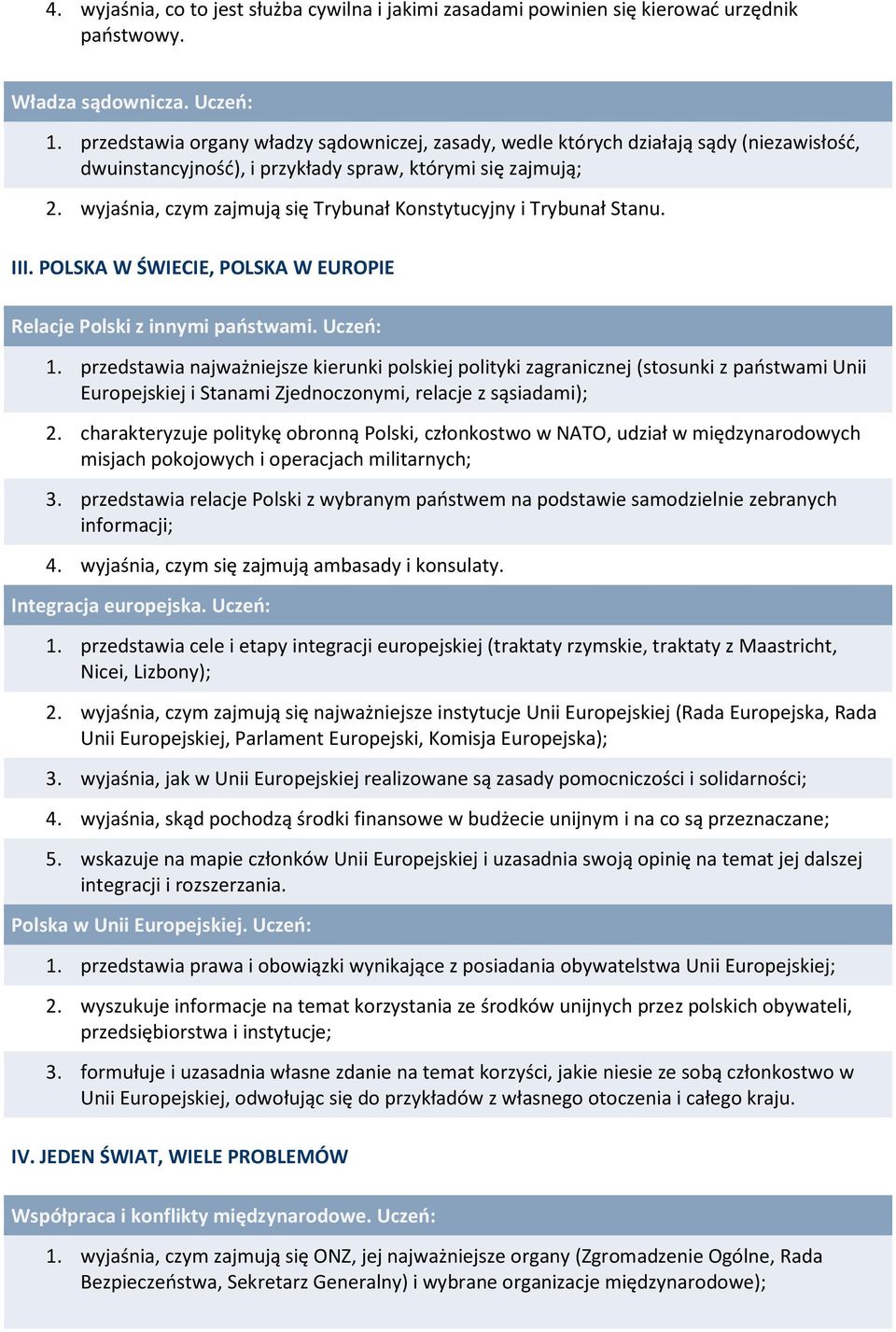 wyjaśnia, czym zajmują się Trybunał Konstytucyjny i Trybunał Stanu. III. POLSKA W ŚWIECIE, POLSKA W EUROPIE Relacje Polski z innymi państwami. Uczeń: 1.