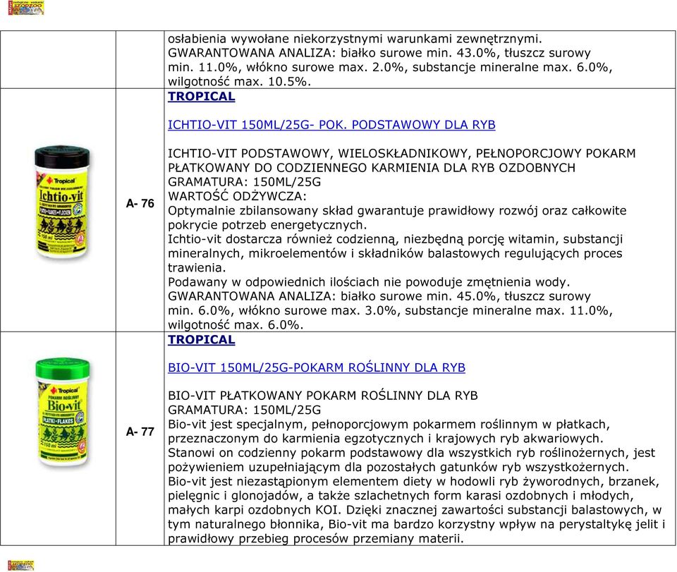 PODSTAWOWY DLA RYB A- 76 ICHTIO-VIT PODSTAWOWY, WIELOSKŁADNIKOWY, PEŁNOPORCJOWY POKARM PŁATKOWANY DO CODZIENNEGO KARMIENIA DLA RYB OZDOBNYCH GRAMATURA: 150ML/25G WARTOŚĆ ODŻYWCZA: Optymalnie