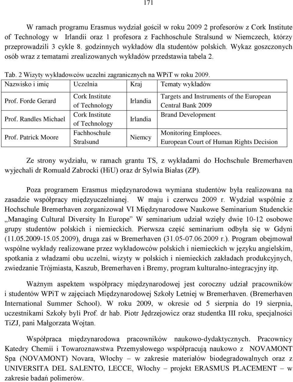 Nazwisko i imię Uczelnia Kraj Tematy wykładów Prof. Forde Gerard Prof. Randles Michael Prof.