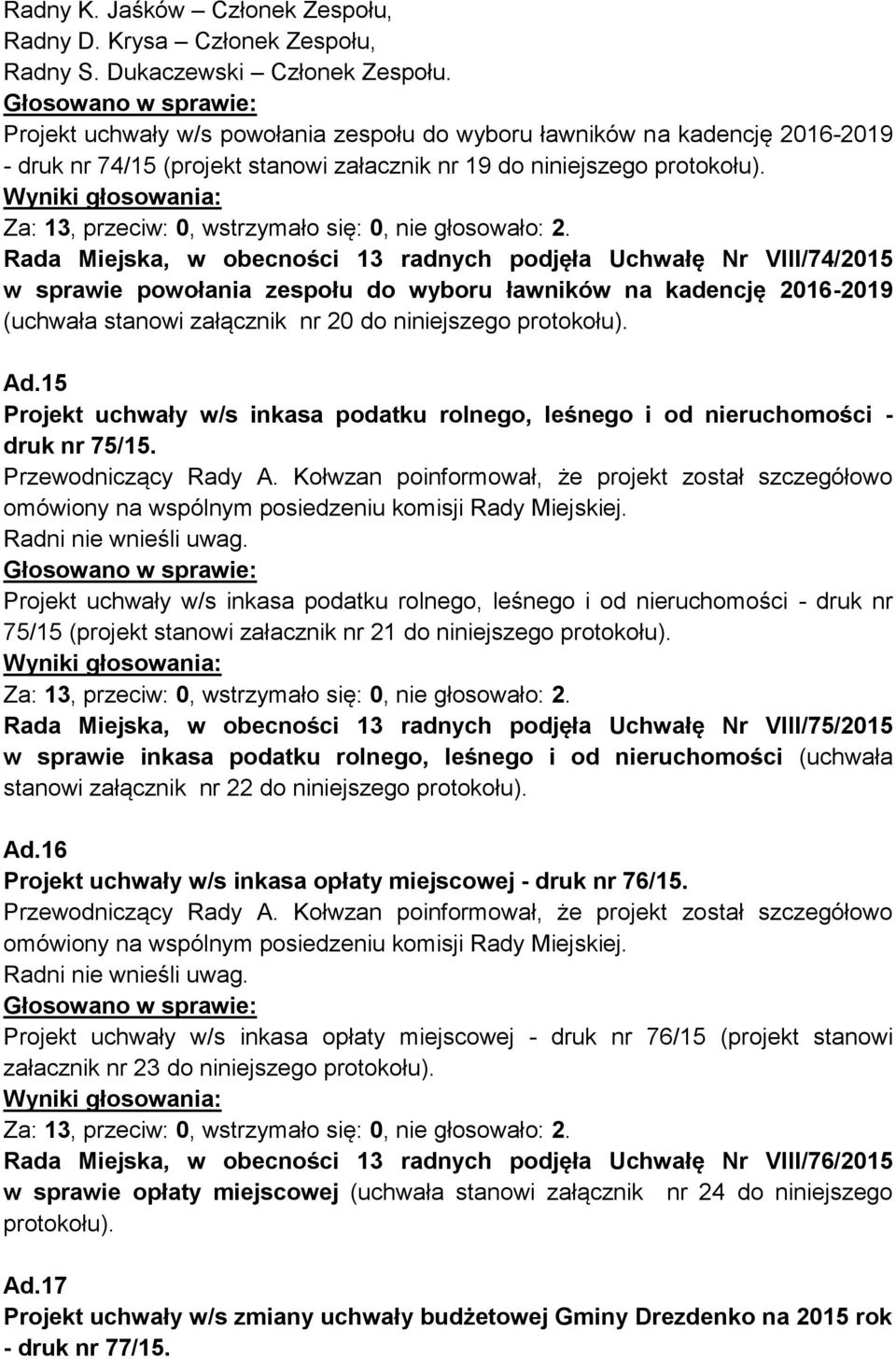 Za: 13, przeciw: 0, wstrzymało się: 0, nie głosowało: 2.