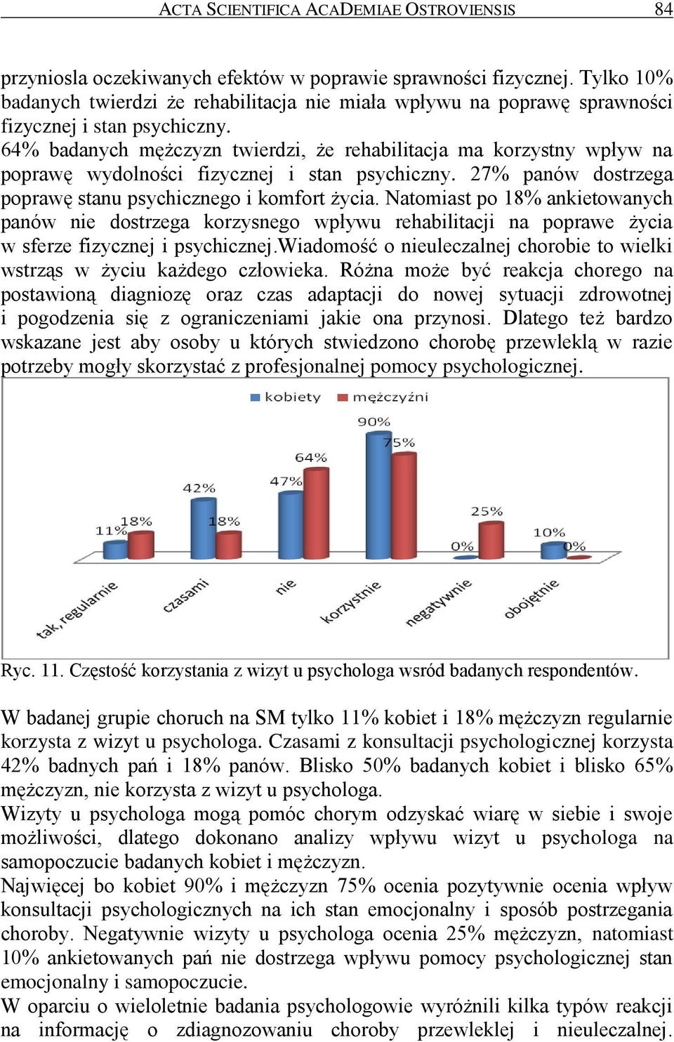 64% badanych mężczyzn twierdzi, że rehabilitacja ma korzystny wpływ na poprawę wydolności fizycznej i stan psychiczny. 27% panów dostrzega poprawę stanu psychicznego i komfort życia.