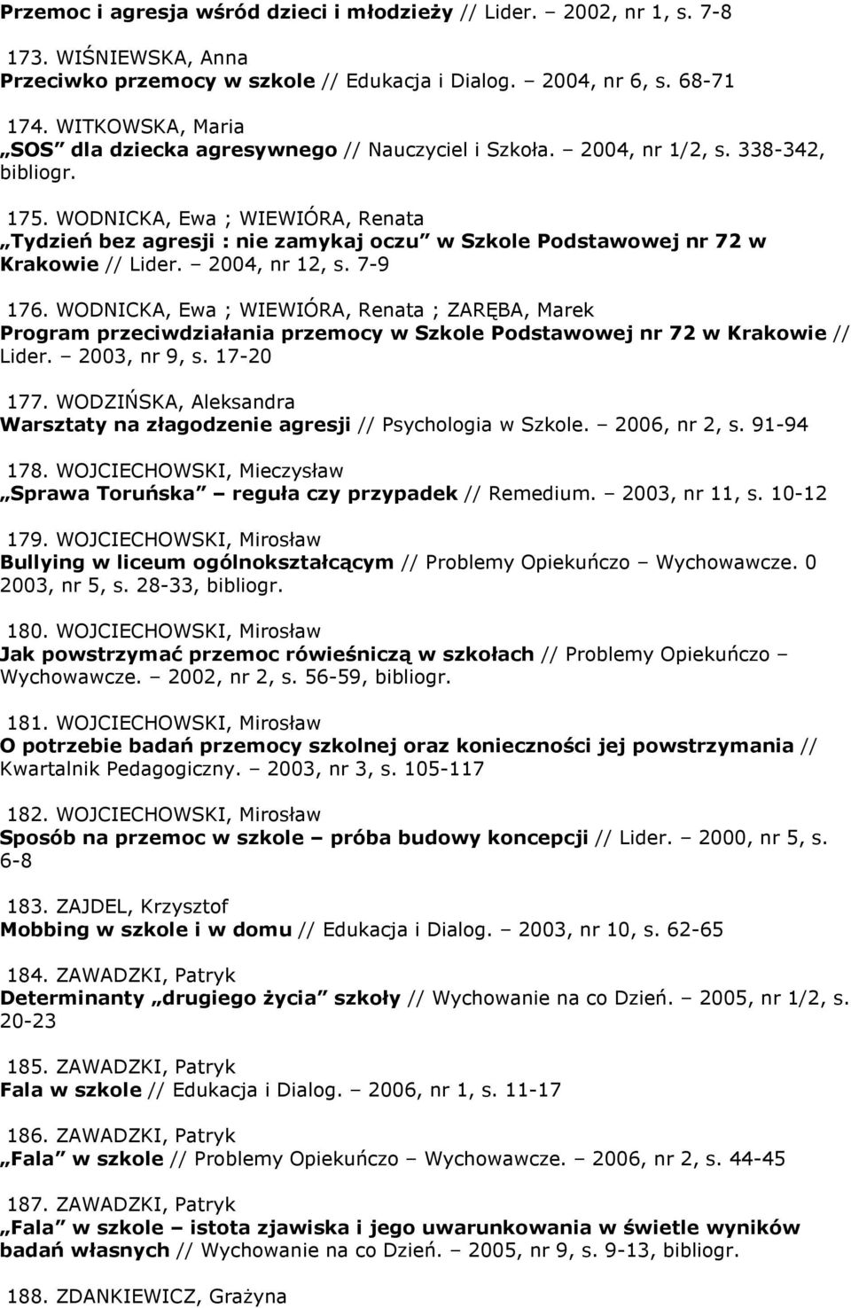 WODNICKA, Ewa ; WIEWIÓRA, Renata Tydzień bez agresji : nie zamykaj oczu w Szkole Podstawowej nr 72 w Krakowie // Lider. 2004, nr 12, s. 7-9 176.