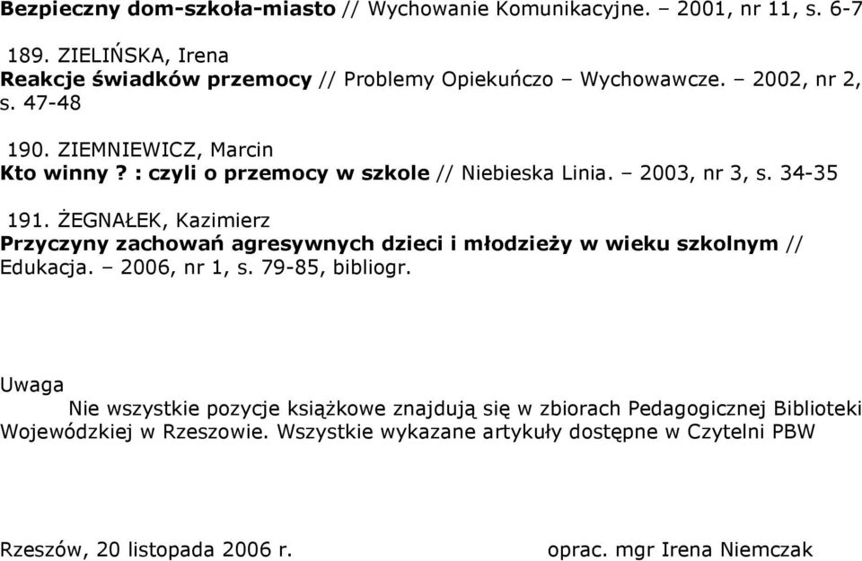 : czyli o przemocy w szkole // Niebieska Linia. 2003, nr 3, s. 34-35 191.
