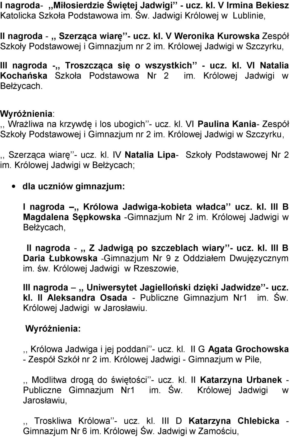 ,, Wrażliwa na krzywdę i los ubogich - ucz. kl. VI Paulina Kania- Zespół Szkoły Podstawowej i Gimnazjum nr 2 im. Królowej Jadwigi w Szczyrku,,, Szerząca wiarę - ucz. kl. IV Natalia Lipa- Szkoły Podstawowej Nr 2 im.