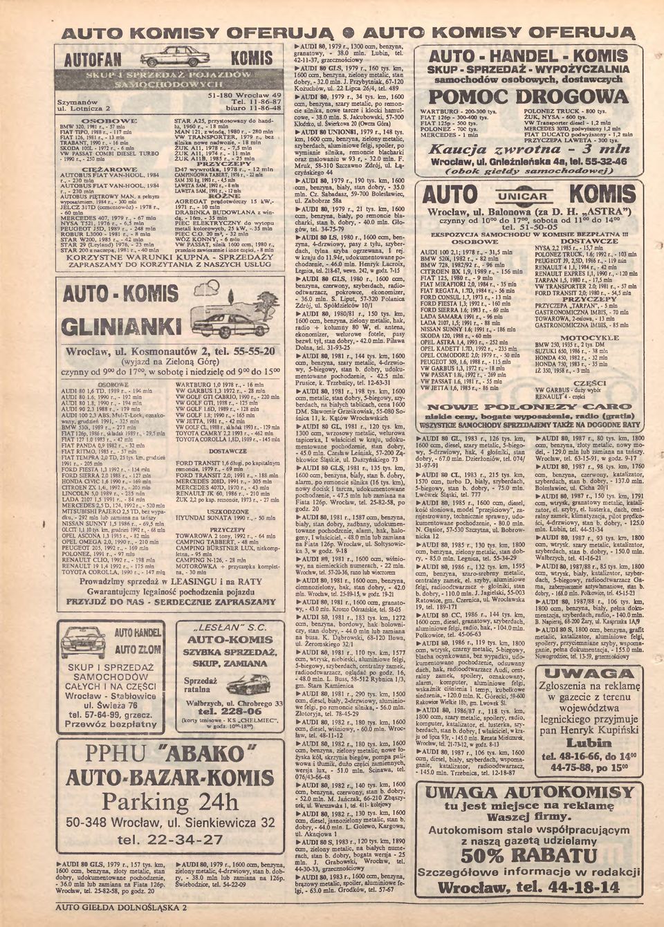 , - 16 min SKODA 100L - 1972 r - 6 min VW PASSAT COMBI DIESEL TURBO - 1990 r - 250 min C I Ę Ż A R O W E AUTOBUS FIA T VAN-HOOL, 1984 r., - 230 min A UTOBUS FIA T VAN-HOOL, 1984 r.