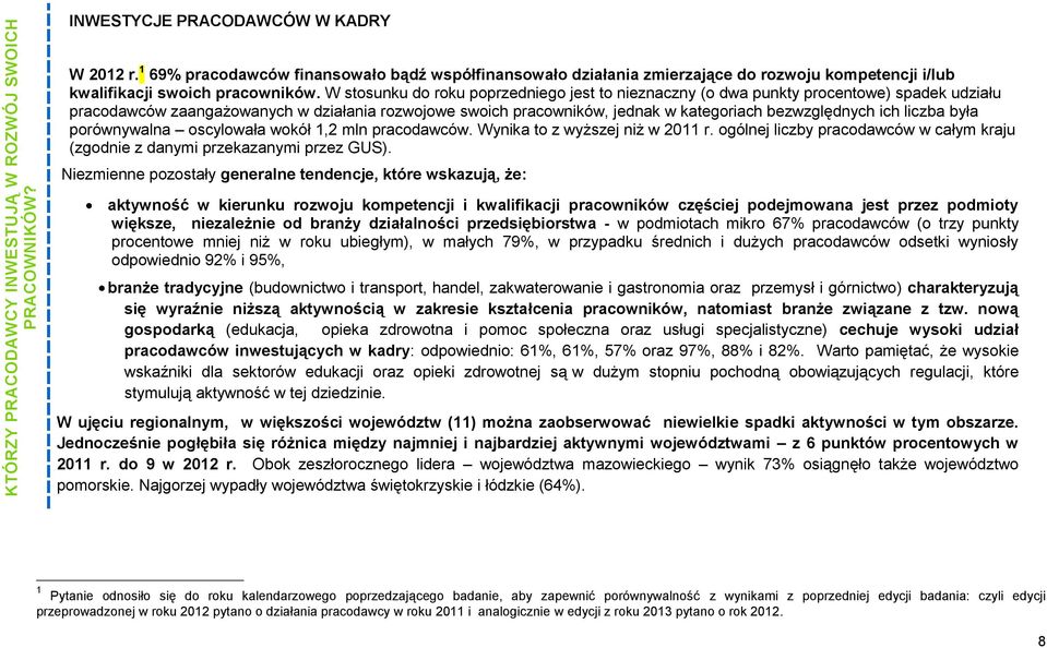 W stosunku do roku poprzedniego jest to nieznaczny (o dwa punkty procentowe) spadek udziału pracodawców zaangażowanych w działania rozwojowe swoich pracowników, jednak w kategoriach bezwzględnych ich