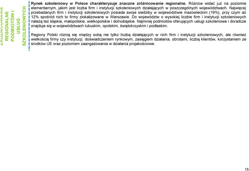 Najwięcej przebadanych firm i instytucji szkoleniowych posiada swoje siedziby w województwie mazowieckim (19%), przy czym aż 12% spośród nich to firmy zlokalizowane w Warszawie.