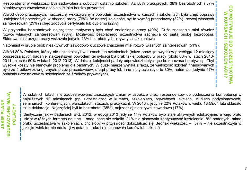 Wśród osób pracujących, najczęściej wskazywanym powodem uczestnictwa w kursach i szkoleniach była chęć poprawy umiejętności potrzebnych w obecnej pracy (76%).