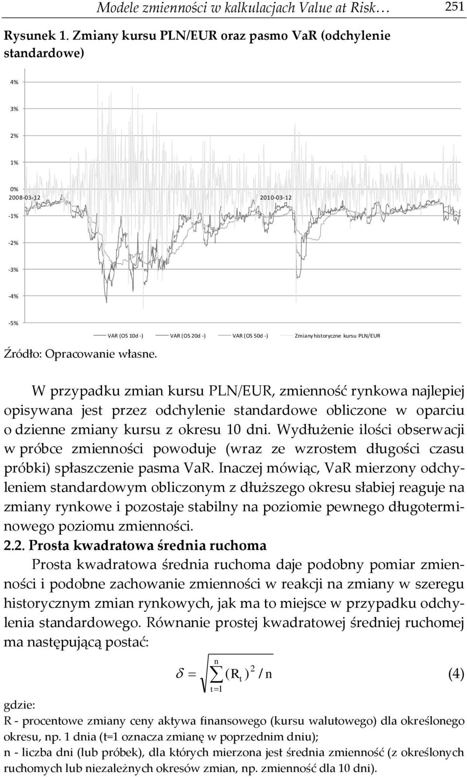 VAR (OS 10d -) VAR (OS 20d -) VAR (OS 50d -) Zmiany historyczne kursu PLN/EUR W przypadku zmian kursu PLN/EUR, zmienność rynkowa najlepiej opisywana jest przez odchylenie standardowe obliczone w