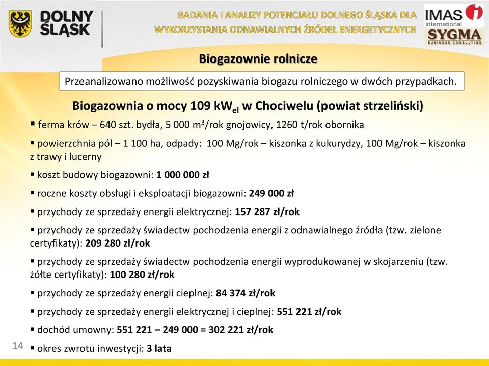 roczne koszty obsługi i eksploatacji biogazowni: 249 000 zł przychody ze sprzedaży energii elektrycznej: 157 287 zł/rok przychody ze sprzedaży świadectw pochodzenia energii z odnawialnego źródła (tzw.