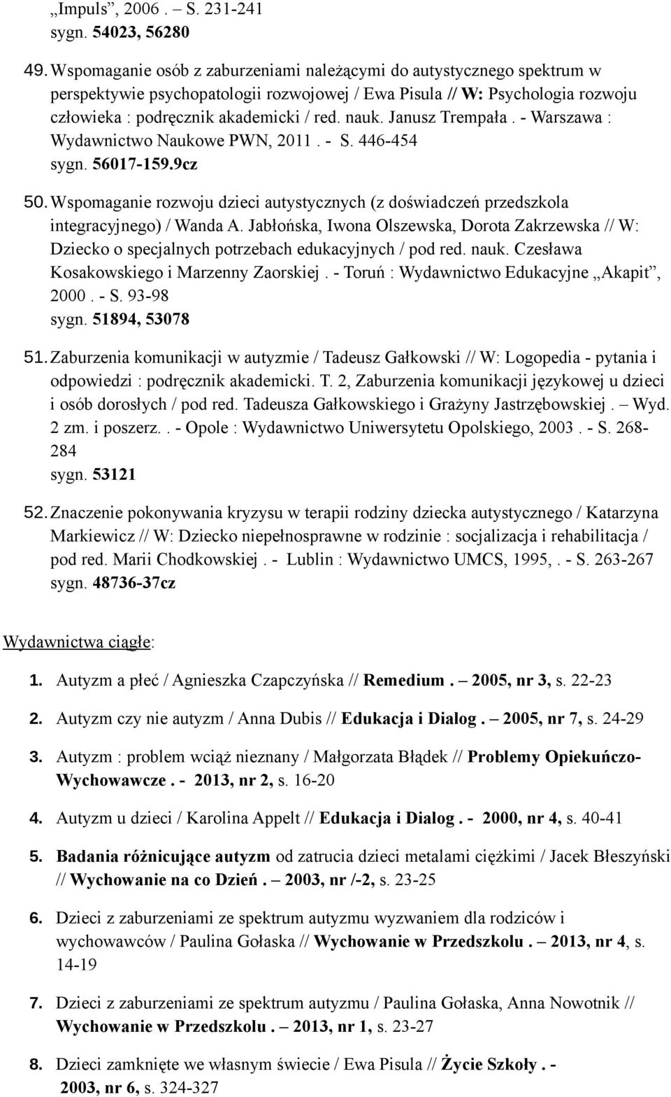 Janusz Trempała. - Warszawa : Wydawnictwo Naukowe PWN, 2011. - S. 446-454 sygn. 56017-159.9cz 50.Wspomaganie rozwoju dzieci autystycznych (z doświadczeń przedszkola integracyjnego) / Wanda A.