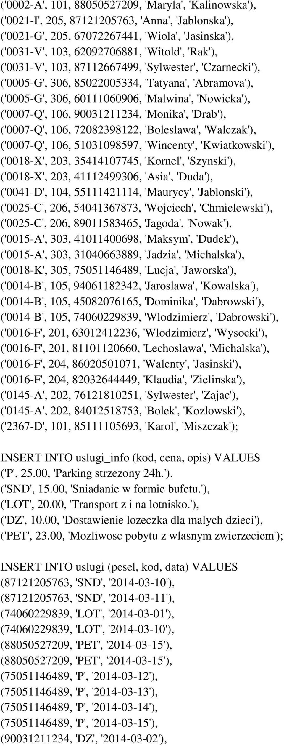 'Monika', 'Drab'), ('0007-Q', 106, 72082398122, 'Boleslawa', 'Walczak'), ('0007-Q', 106, 51031098597, 'Wincenty', 'Kwiatkowski'), ('0018-X', 203, 35414107745, 'Kornel', 'Szynski'), ('0018-X', 203,