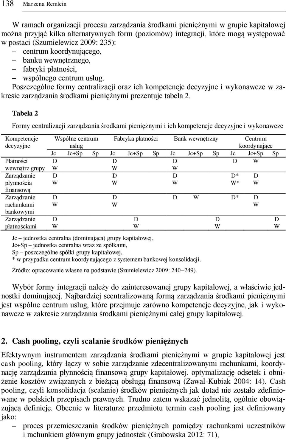 Poszczególne formy centralizacji oraz ich kompetencje decyzyjne i wykonawcze w zakresie zarządzania środkami pieniężnymi prezentuje tabela 2.