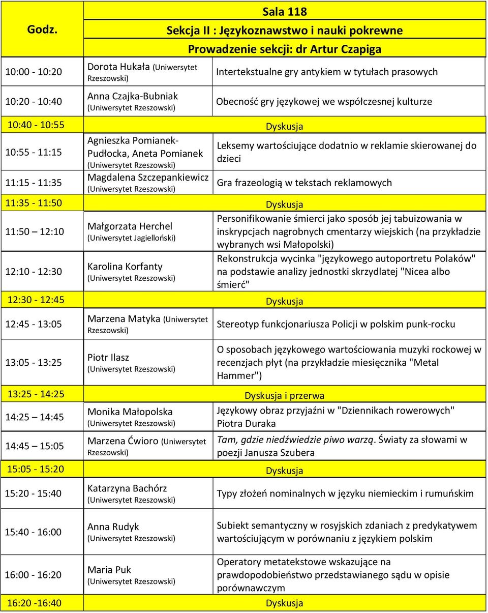 reklamowych 11:50 12:10 Małgorzata Herchel (Uniwersytet Jagielloński) Karolina Korfanty Marzena Matyka (Uniwersytet Piotr Ilasz 14:25 14:45 14:45 15:05 Monika Małopolska Marzena Ćwioro (Uniwersytet