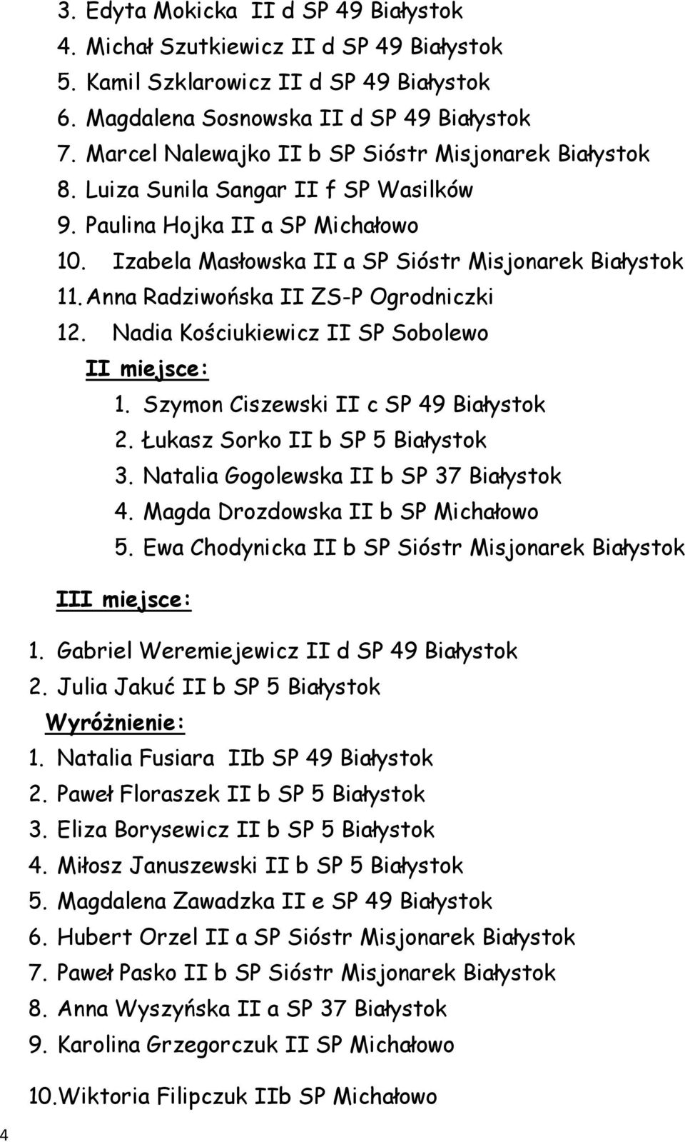 Anna Radziwońska II ZS-P Ogrodniczki 12. Nadia Kościukiewicz II SP Sobolewo I 1. Szymon Ciszewski II c SP 49 Białystok 2. Łukasz Sorko II b SP 5 Białystok 3. Natalia Gogolewska II b SP 37 Białystok 4.