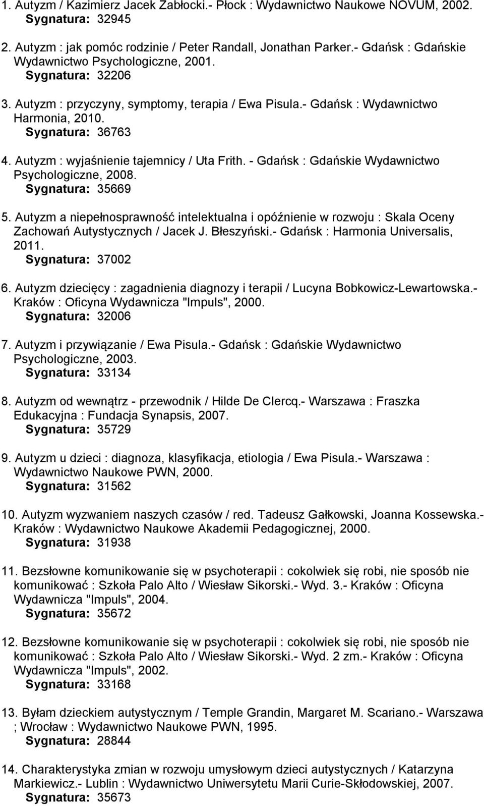 Autyzm : wyjaśnienie tajemnicy / Uta Frith. - Gdańsk : Gdańskie Wydawnictwo Psychologiczne, 2008. Sygnatura: 35669 5.