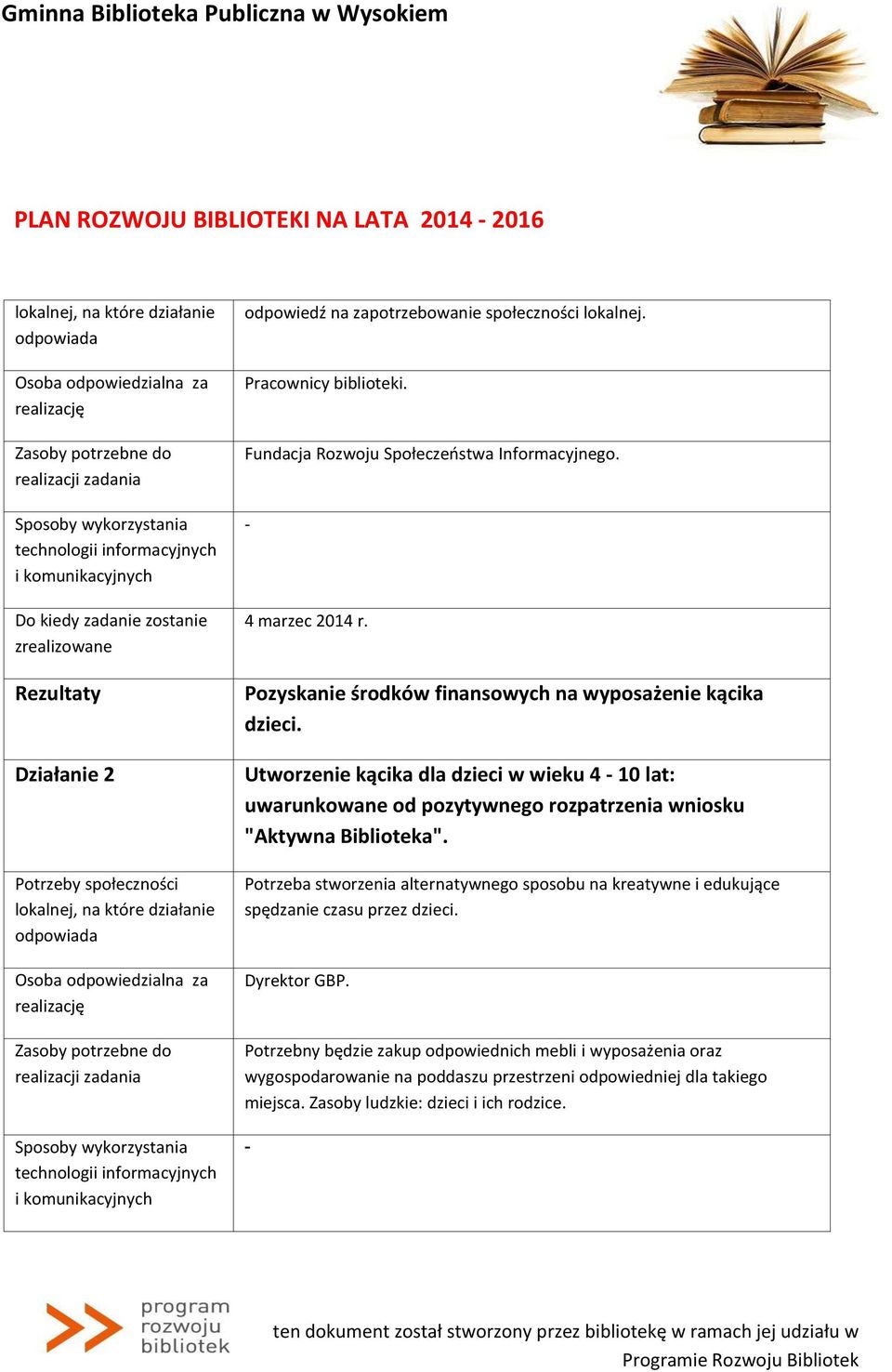 Utworzenie kącika dla dzieci w wieku 4-10 lat: uwarunkowane od pozytywnego rozpatrzenia wniosku "Aktywna Biblioteka".