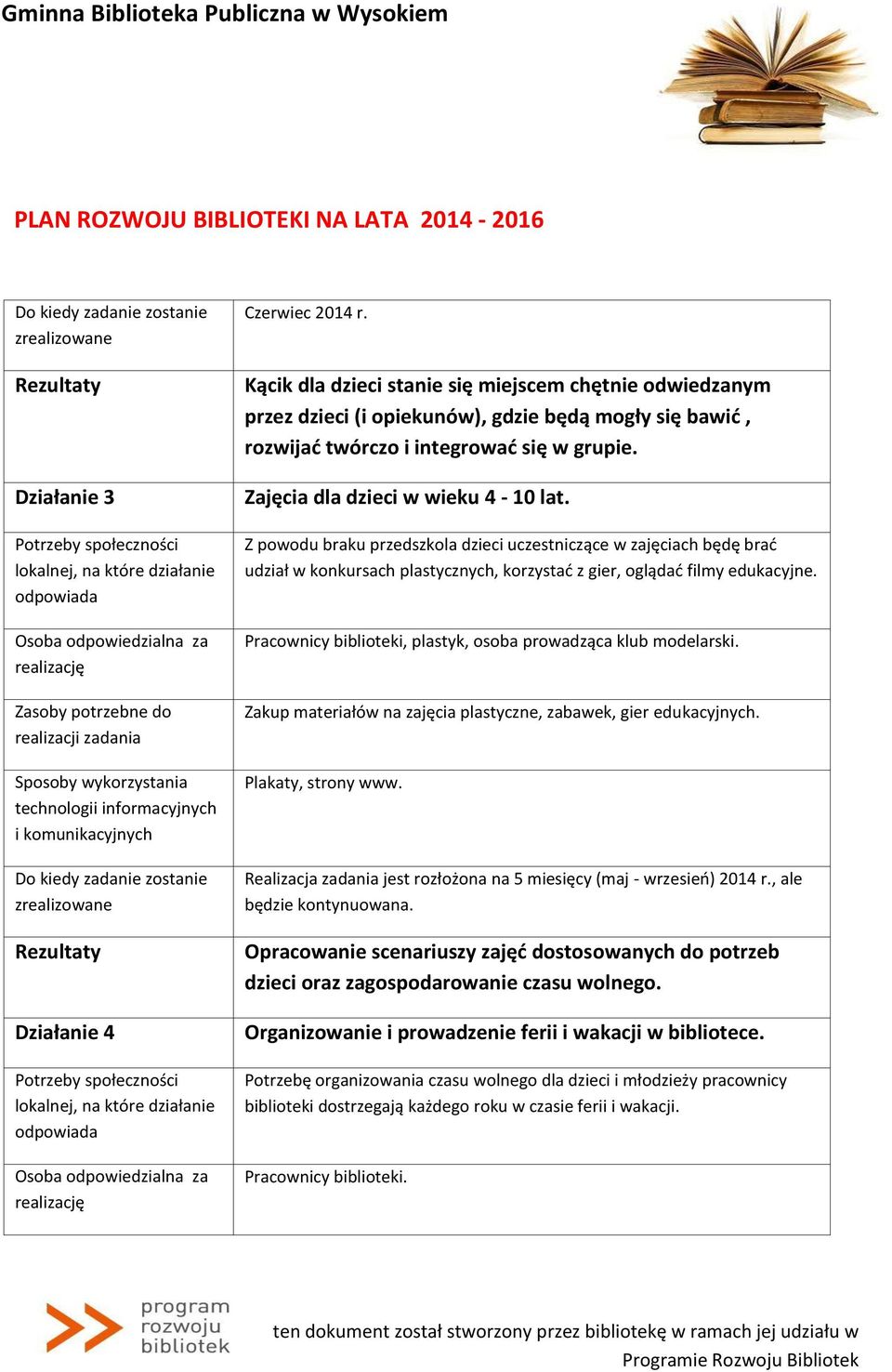 Pracownicy biblioteki, plastyk, osoba prowadząca klub modelarski. Zakup materiałów na zajęcia plastyczne, zabawek, gier edukacyjnych. Plakaty, strony www.