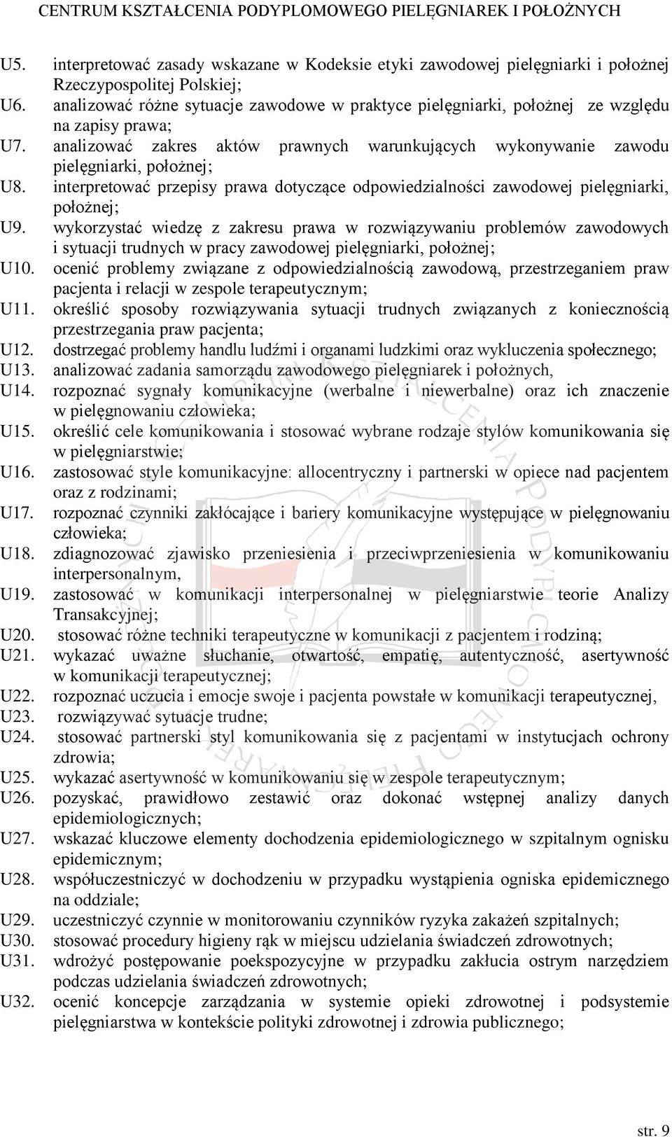 interpretować przepisy prawa dotyczące odpowiedzialności zawodowej pielęgniarki, położnej; U9.