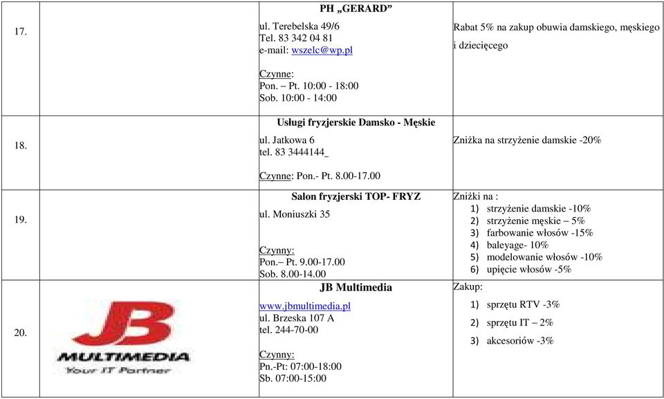 Brzeska 107 A tel. 244-70-00 Pn.-Pt: 07:00-18:00 Sb.