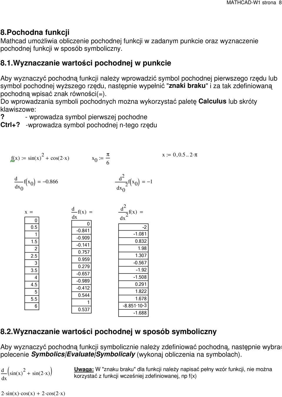.Wyznaczanie wartości pochodnej w punkcie Aby wyznaczyć pochodną funkcji należy wprowadzić symbol pochodnej pierwszego rzędu lub symbol pochodnej wyższego rzędu, następnie wypełnić "znaki braku" i za