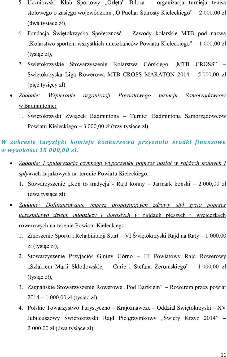 Świętokrzyskie Stowarzyszenie Kolarstwa Górskiego MTB CROSS Świętokrzyska Liga Rowerowa MTB CROSS MARATON 2014 5 000,00 zł (pięć tysięcy zł).