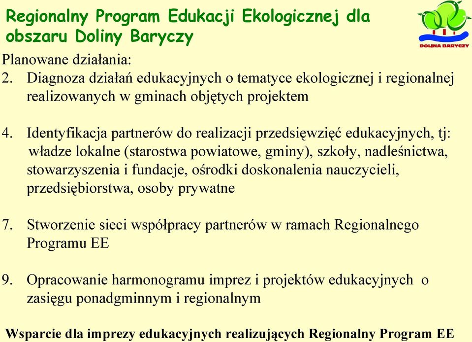 Identyfikacja partnerów do realizacji przedsięwzięć edukacyjnych, tj: władze lokalne (starostwa powiatowe, gminy), szkoły, nadleśnictwa, stowarzyszenia i fundacje,