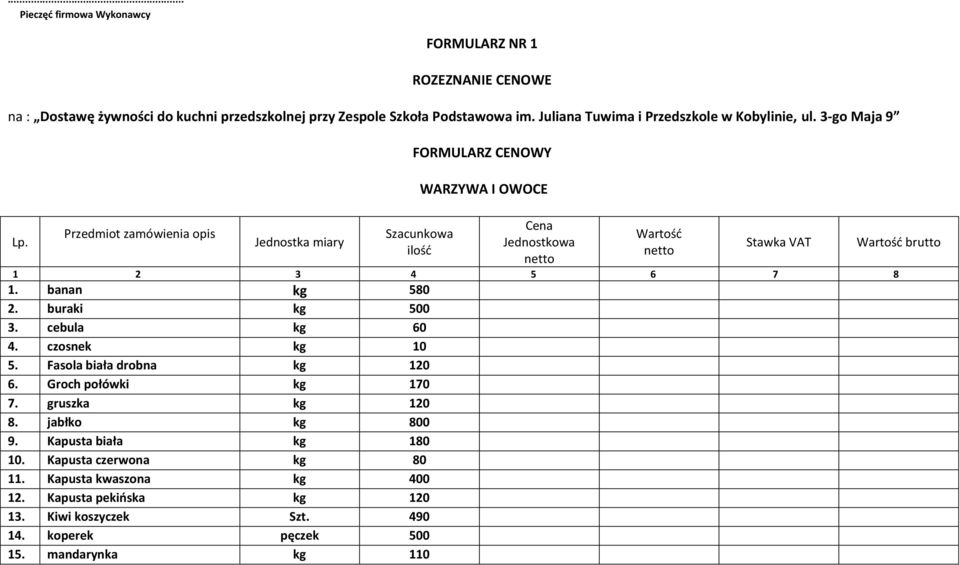 Groch połówki kg 170 7. gruszka kg 120 8. jabłko kg 800 9. Kapusta biała kg 180 10. Kapusta czerwona kg 80 11.