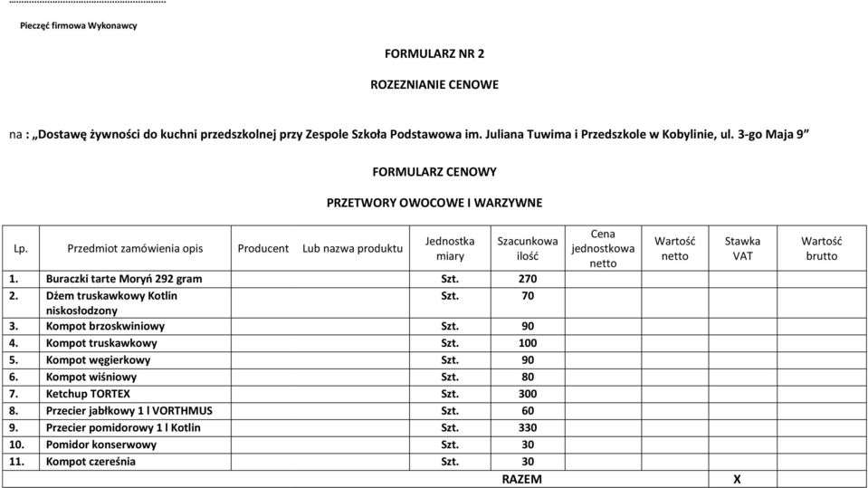 Kompot truskawkowy Szt. 100 5. Kompot węgierkowy Szt. 90 6. Kompot wiśniowy Szt. 80 7. Ketchup TORTEX Szt. 300 8.