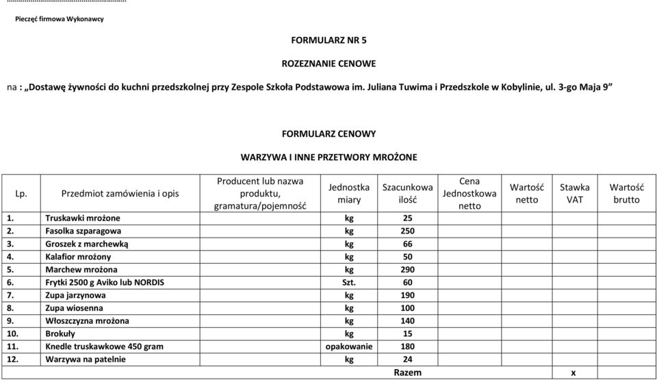 Fasolka szparagowa kg 250 3. Groszek z marchewką kg 66 4. Kalafior mrożony kg 50 5. Marchew mrożona kg 290 6.