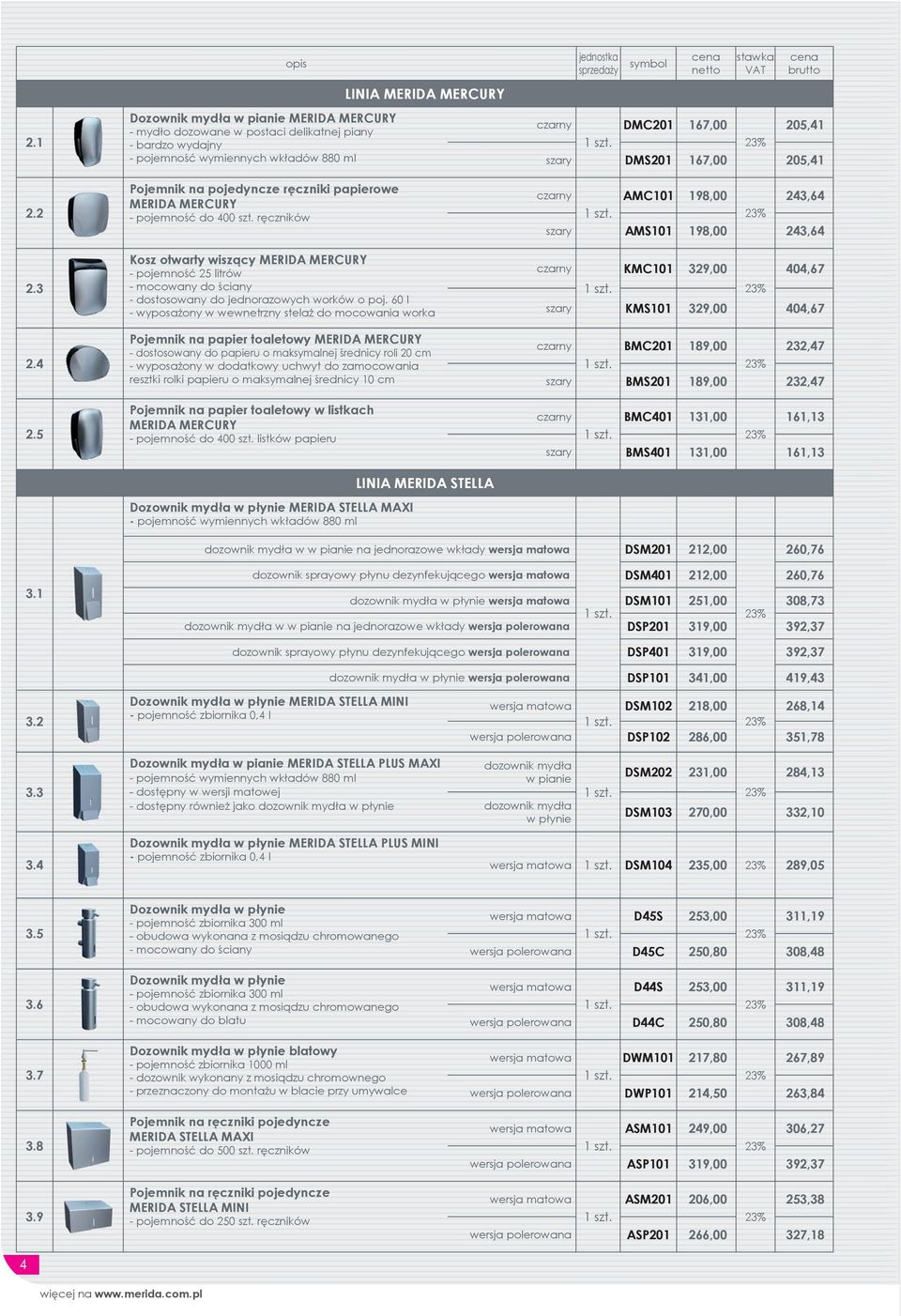 MERCURY - pojemność do 400 szt. ręczników LINIA MERIDA MERCURY Kosz otwarty wiszący MERIDA MERCURY - pojemność 25 litrów - mocowany do ściany - dostosowany do jednorazowych worków o poj.