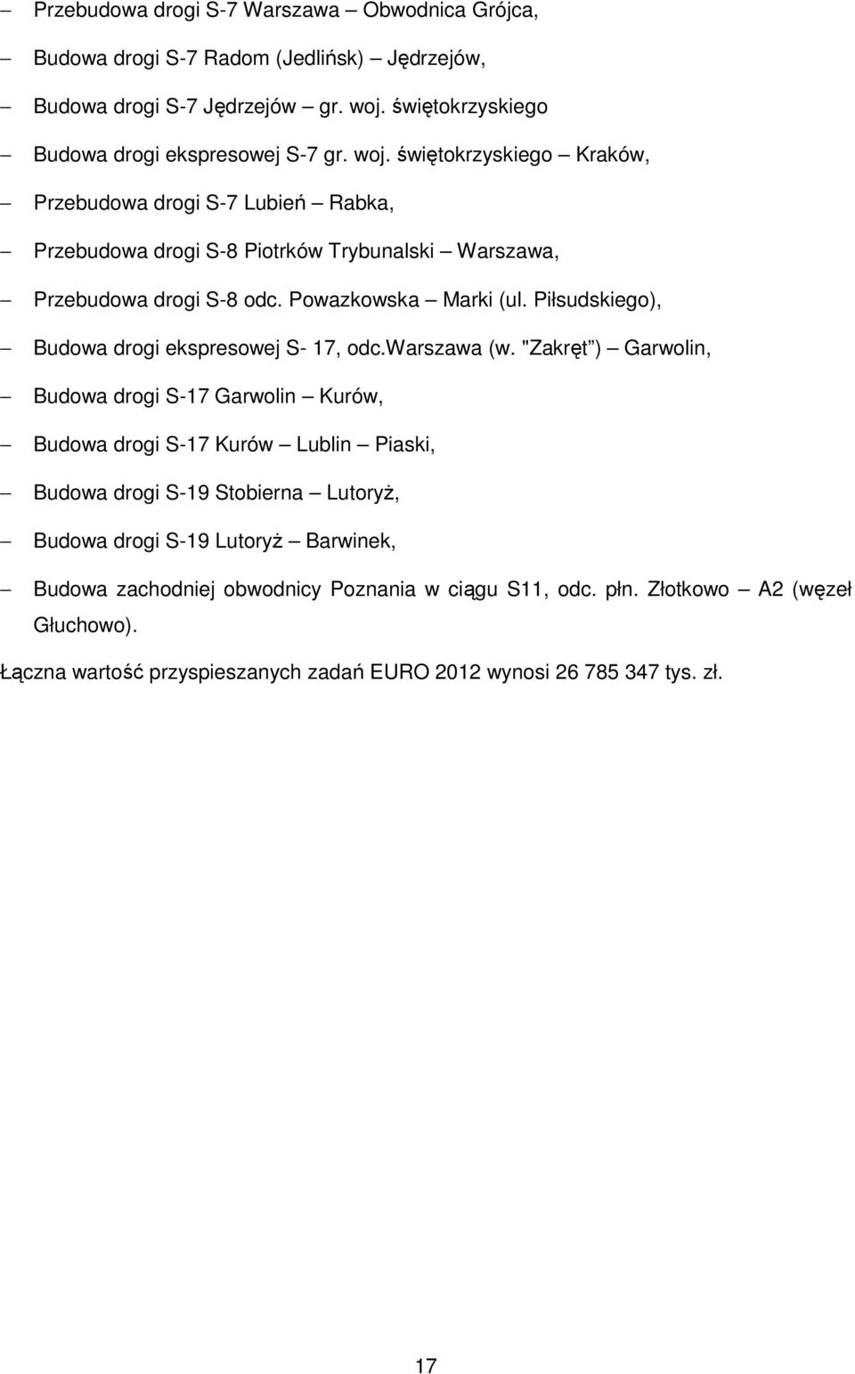 świętokrzyskiego Kraków, Przebudowa drogi S-7 Lubień Rabka, Przebudowa drogi S-8 Piotrków Trybunalski Warszawa, Przebudowa drogi S-8 odc. Powazkowska Marki (ul.