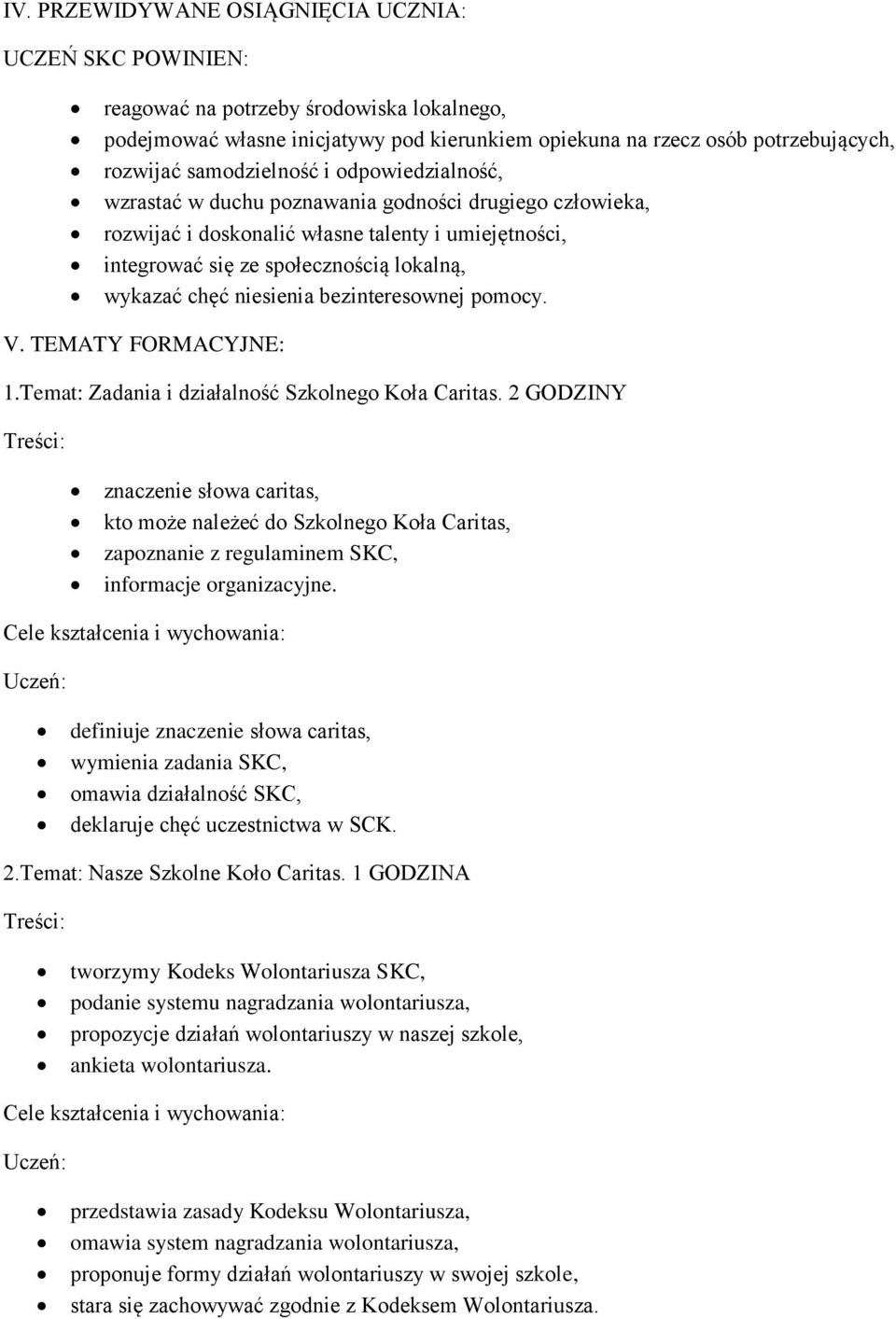 niesienia bezinteresownej pomocy. V. TEMATY FORMACYJNE: 1.Temat: Zadania i działalność Szkolnego Koła Caritas.