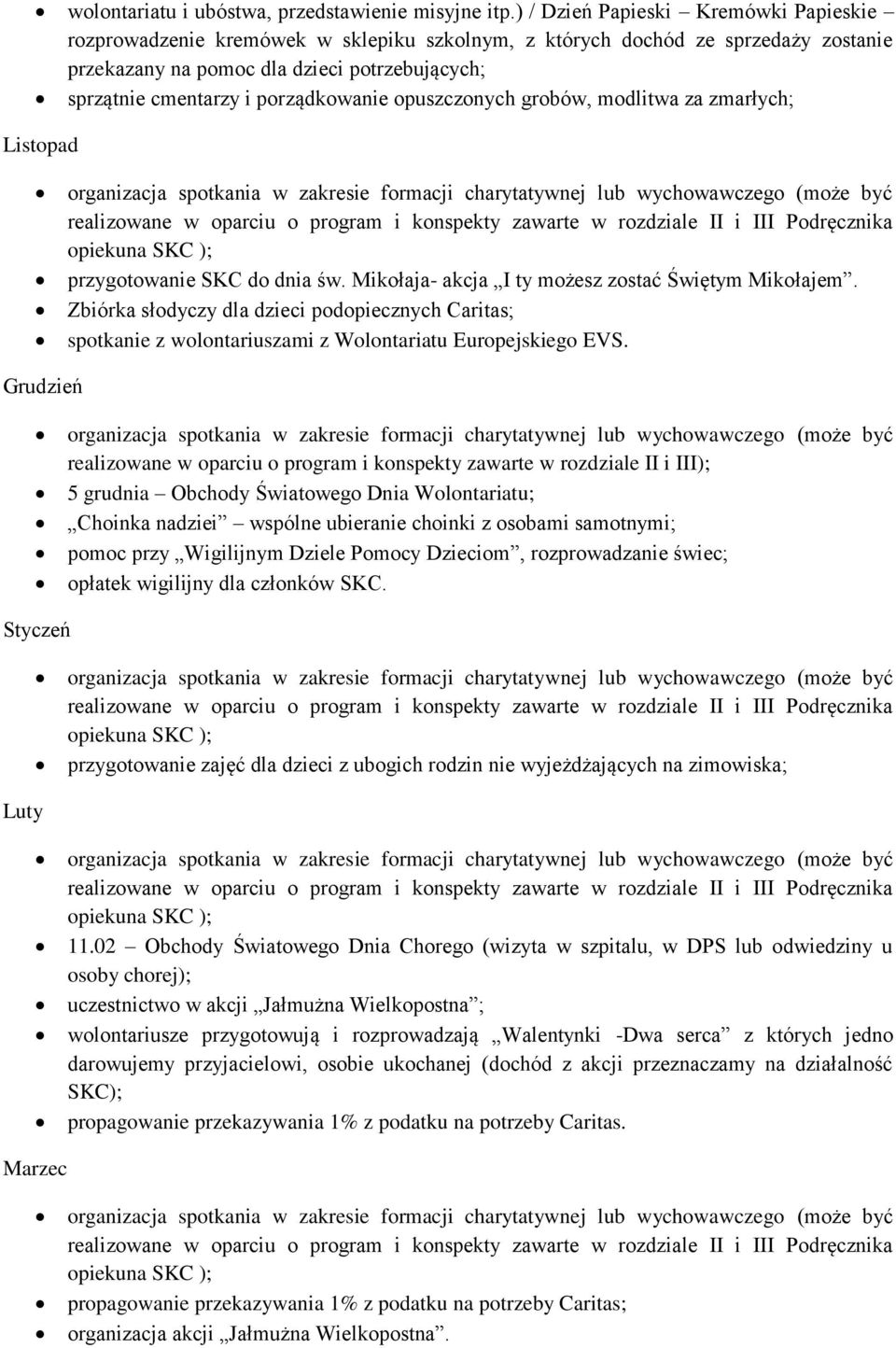 porządkowanie opuszczonych grobów, modlitwa za zmarłych; Listopad przygotowanie SKC do dnia św. Mikołaja- akcja I ty możesz zostać Świętym Mikołajem.